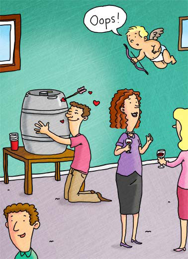 Filled with Love Valentine's Day card Filled with Love Funny Valentine's Day Cupid makes a man fall in love with beer | cartoon illustration love arrows arrow cupid keg beer bow party couple wine women men valentine valentine's day filled love cups cup hope your valentine's day is filled with love