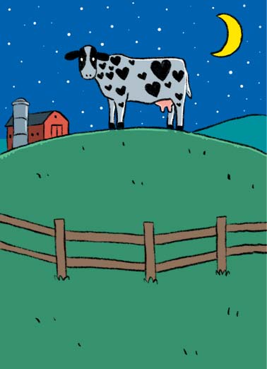 Moo and Back VAL Valentine's Day card Moo and Back VAL Funny Valentine's Day An illustration of a cow standing in a field at night. | cartoon illustration moon crescent night stars cow moo farm fence love you back sweet funny Love you to the Moo and back!